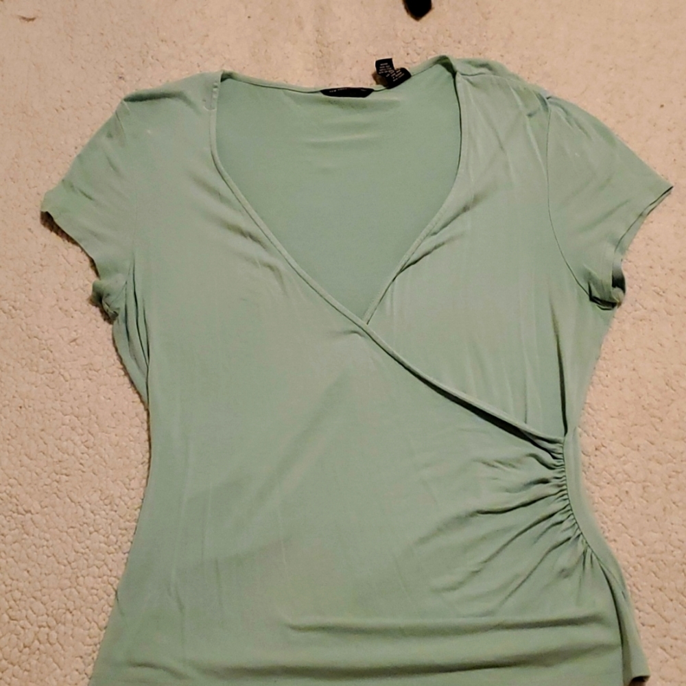 New York & Co blue crossover front shirt
